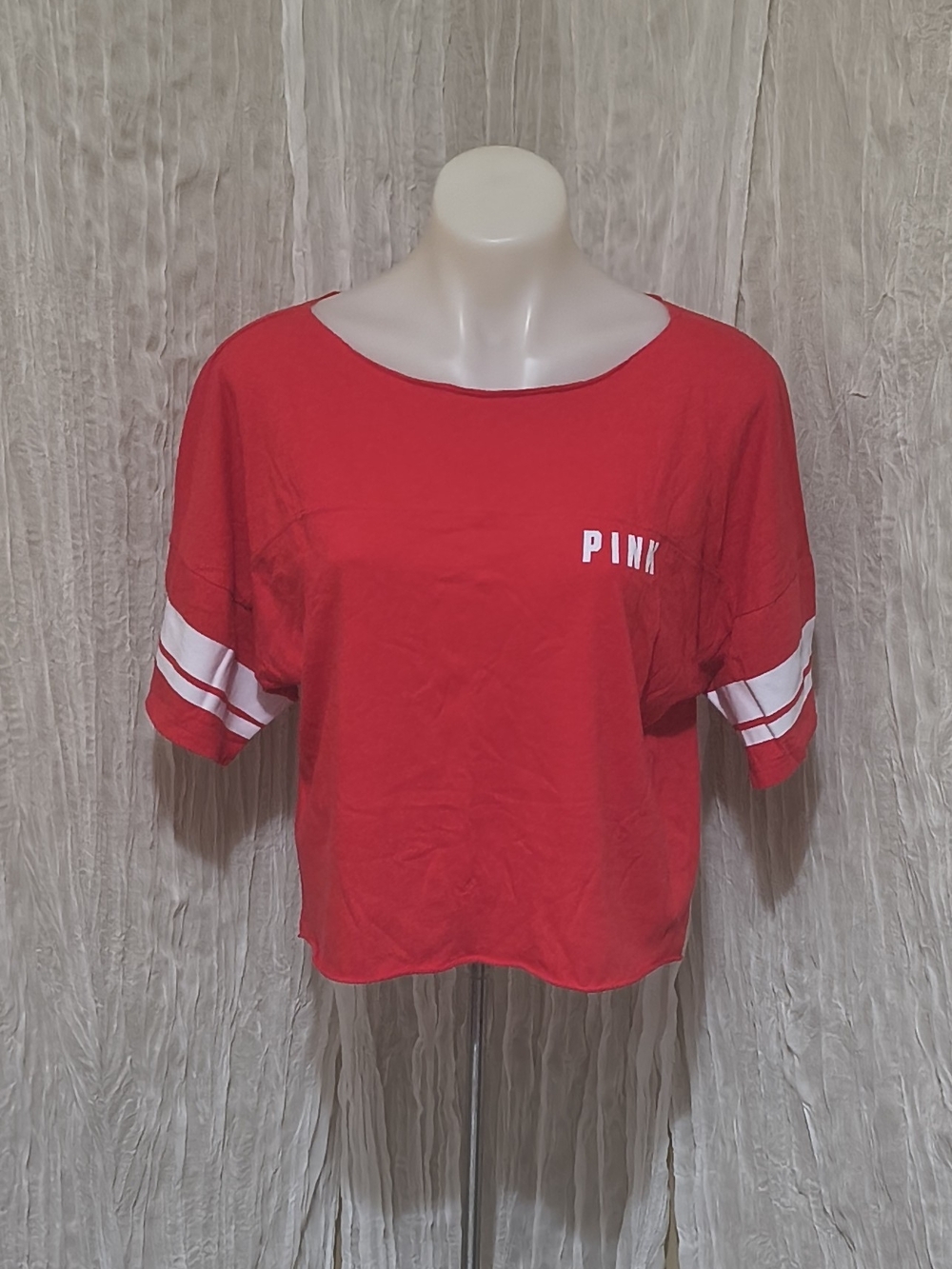 PINK Victoria's Secret Red Short Sleeve Cropped Tee with White Stripes